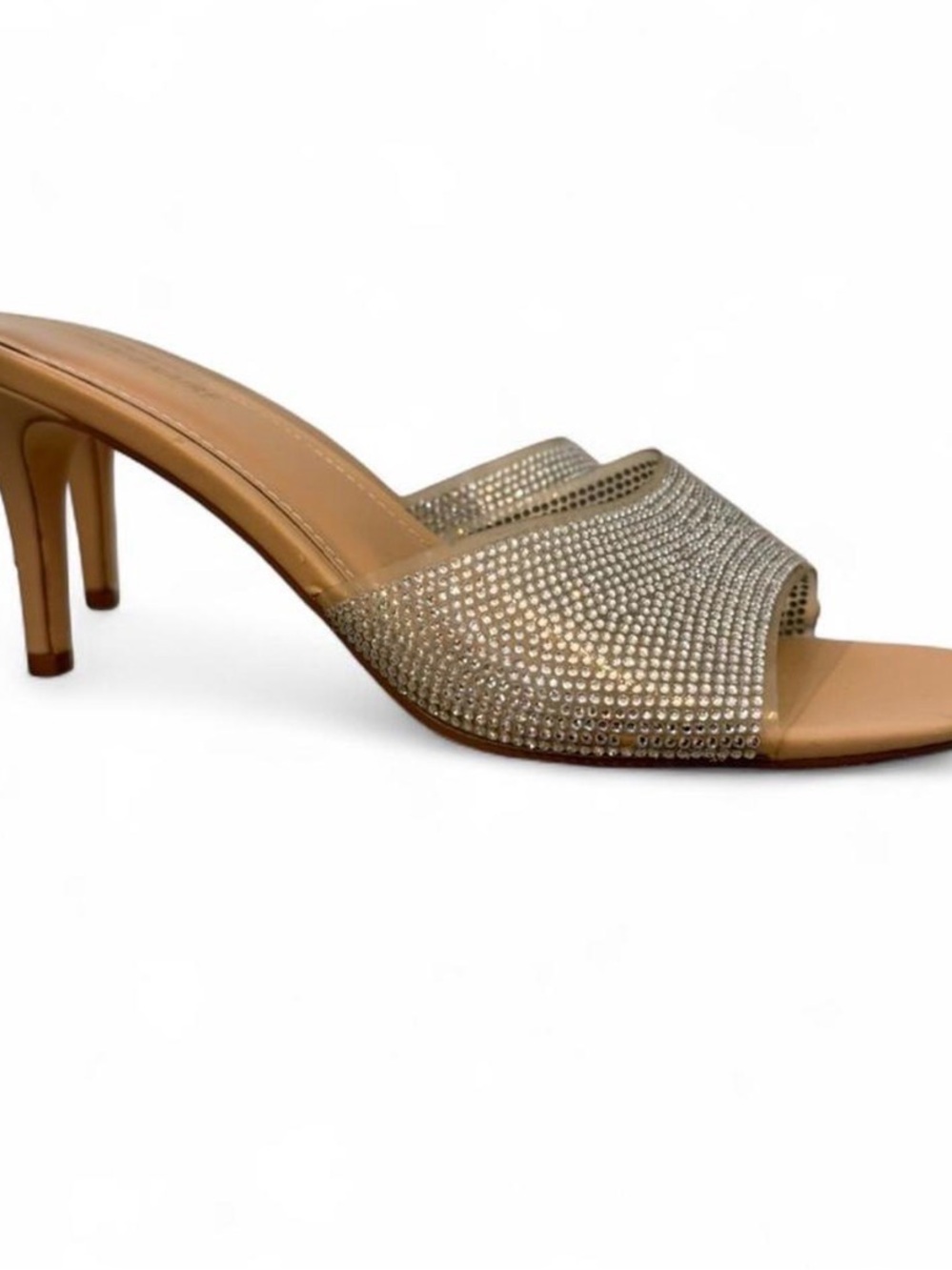 Beige with Silver Rhinestone Slide Mules with Mid Heel